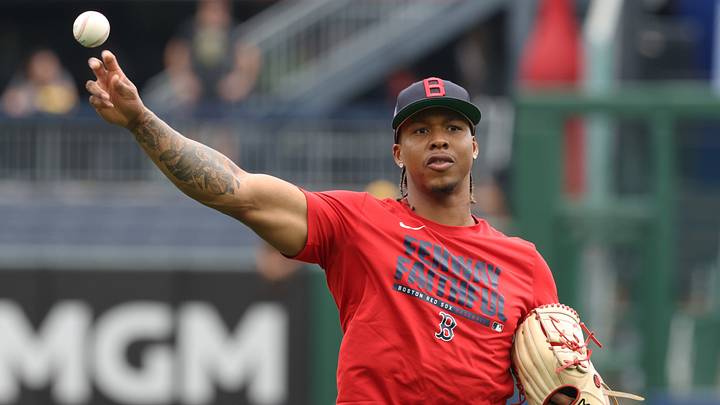 Aug 16, 2026; Pittsburgh, Pennsylvania, USA;  Boston Red Sox pitcher Brayan Bello (66) throws in the outfield before the game against the Pittsburgh Pirates at PNC Park. Mandatory Credit: Charles LeClaire-Imagn Images