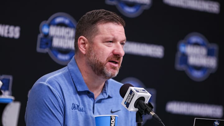 Mar 27, 2025; Atlanta, GA, USA; Mississippi Rebels head coach Chris Beard addresses the media in a press conference during NCAA Tournament South Regional Practice at State Farm Arena. Mandatory Credit: Brett Davis-Imagn Images
