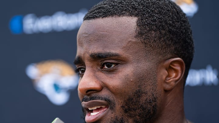 Jacksonville Jaguars cornerback Jourdan Lewis (2) answers questions after the Jacksonville Jaguars’ mandatory minicamp Tuesday June 10, 2025 at the Miller Electric Center in Jacksonville, Fla. [Doug Engle/Florida Times-Union]