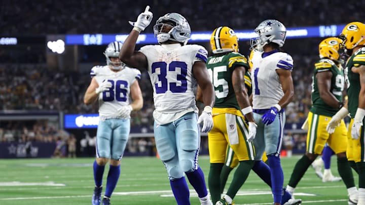 Dallas Cowboys running back Javonte Williams celebrates after scoring a touchdown against the Green Bay Packers.