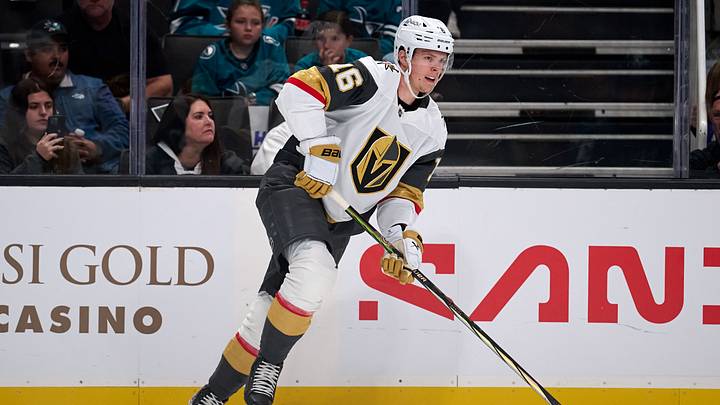 Oct 9, 2025; San Jose, California, USA; Vegas Golden Knights right wing Pavel Dorofeyev (16) plays the puck along the boards against the San Jose Sharks during the first period at SAP Center at San Jose. Oct 9, 2025; San Jose, California, USA; Vegas Golden Knights right wing Pavel Dorofeyev (16) plays the puck along the boards against the San Jose Sharks during the first period at SAP Center at San Jose.