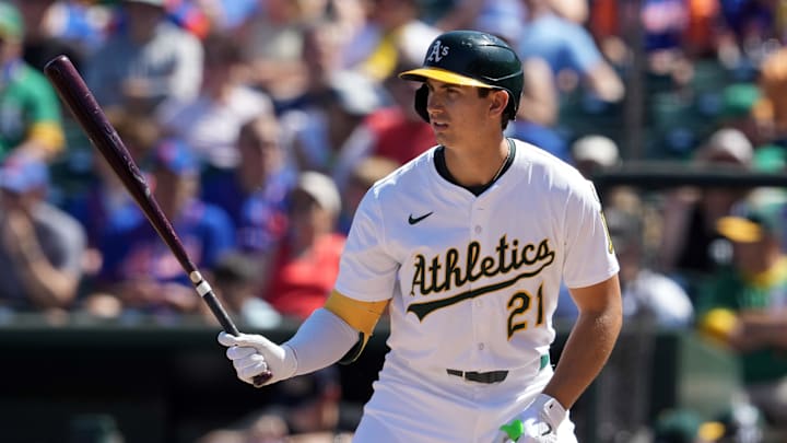 Apr 13, 2025; West Sacramento, California, USA; Athletics first baseman Tyler Soderstrom (21) bats against the New York Mets during the sixth inning at Sutter Health Park. Mandatory Credit: Darren Yamashita-Imagn Images