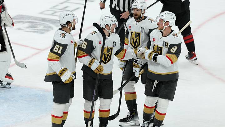 Jun 11, 2026; Raleigh, North Carolina, USA; Vegas Golden Knights right wing Pavel Dorofeyev (16) celebrates with teammates after scoring during the third period against the Carolina Hurricanes in game five of the 2026 Stanley Cup Final at Lenovo Center. Mandatory Credit: Nathan Ray Seebeck-Imagn Images