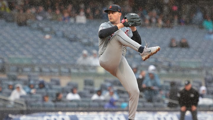 May 5, 2024; Bronx, New York, USA; Detroit Tigers starting pitcher Tarik Skubal (29) delivers a pitch delivers a pitch during the fifth inning against the New York Yankees at Yankee Stadium.