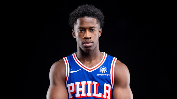Sep 26, 2025; Camden, NJ, USA; Philadelphia 76ers VJ Edgecombe (77) poses for a photo during media day. Mandatory Credit: Bill Streicher-Imagn Images Sep 26, 2025; Camden, NJ, USA; Philadelphia 76ers VJ Edgecombe (77) poses for a photo during media day. Mandatory Credit: Bill Streicher-Imagn Images