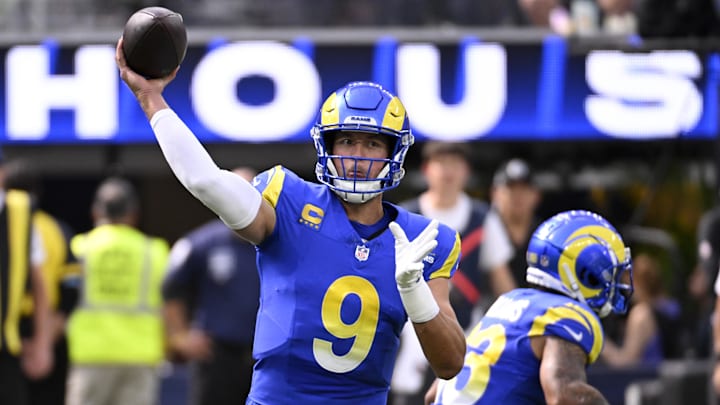 Los Angeles Rams quarterback Matthew Stafford (9) throws a pass against the Las Vegas Raiders in the first half at SoFi Stadium in Inglewood, Calif., on Oct. 20, 2024.