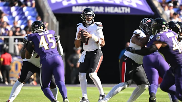 Oct 5, 2025; Baltimore, Maryland, USA; Houston Texans quarterback C.J. Stroud (7) looks to throw downfield during the third quarter against the Baltimore Ravens at M&T Bank Stadium. Mandatory Credit: Rafael Suanes-Imagn Images Oct 5, 2025; Baltimore, Maryland, USA; Houston Texans quarterback C.J. Stroud (7) looks to throw downfield during the third quarter against the Baltimore Ravens at M&T Bank Stadium. Mandatory Credit: Rafael Suanes-Imagn Images