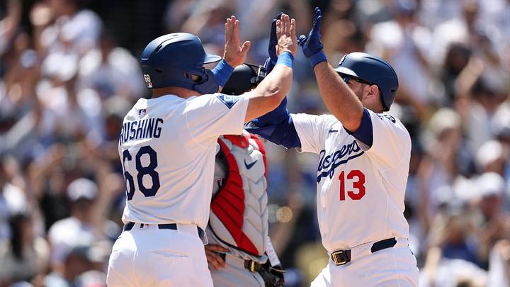 Jun 22, 2025; Los Angeles, California, USA; Los Angeles Dodgers third baseman Max Muncy (13) celebrates with catcher Dalton Rushing (68) after hitting a grand slam during the sixth inning against the Washington Nationals at Dodger Stadium. Mandatory Credit: Kiyoshi Mio-Imagn Images Jun 22, 2025; Los Angeles, California, USA; Los Angeles Dodgers third baseman Max Muncy (13) celebrates with catcher Dalton Rushing (68) after hitting a grand slam during the sixth inning against the Washington Nationals at Dodger Stadium. Mandatory Credit: Kiyoshi Mio-Imagn Images