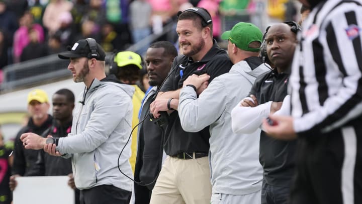 Oct 22, 2022; Eugene, Oregon, USA; Oregon Ducks head coach Dan Lanning celebrates on the sidelines during the second half agains the UCLA Bruins at Autzen Stadium. The Ducks won the game 45-30.