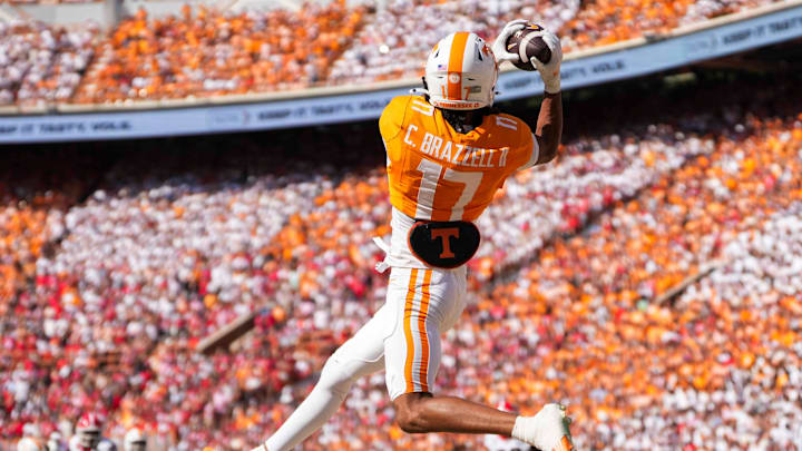 Tennessee wide receiver Chris Brazzell II (17) catches the ball in the end zone during a NCAA football game between Tennessee and Georgia at Neyland Stadium in Knoxville, Tennessee, on September 13, 2025. Tennessee wide receiver Chris Brazzell II (17) catches the ball in the end zone during a NCAA football game between Tennessee and Georgia at Neyland Stadium in Knoxville, Tennessee, on September 13, 2025.