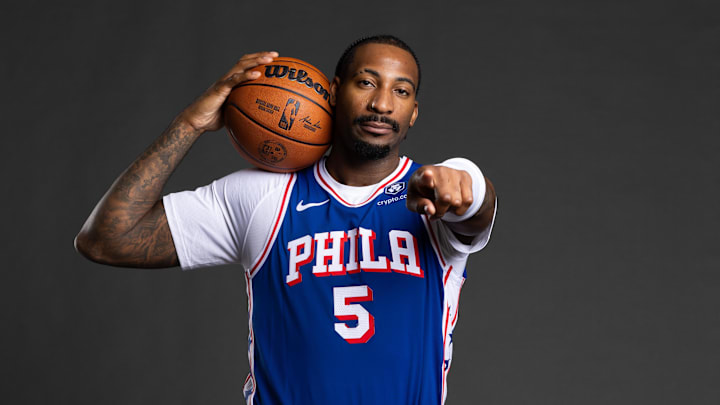 Sep 30, 2024; Camden, NJ, USA; Philadelphia 76ers center Andre Drummond (5) poses for a photo on media day at the Philadelphia 76ers Training Complex. Mandatory Credit: Bill Streicher-Imagn Images