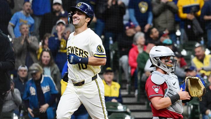 Apr 30, 2026; Milwaukee, Wisconsin, USA; Milwaukee Brewers right fielder Sal Frelick (10) reacts after hitting a solo home run in the seventh inning as Arizona Diamondbacks catcher James McCann (8) looks on at American Family Field. Mandatory Credit: Benny Sieu-Imagn Images Apr 30, 2026; Milwaukee, Wisconsin, USA; Milwaukee Brewers right fielder Sal Frelick (10) reacts after hitting a solo home run in the seventh inning as Arizona Diamondbacks catcher James McCann (8) looks on at American Family Field. Mandatory Credit: Benny Sieu-Imagn Images
