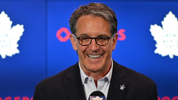 Toronto Maple Leafs president Brendan Shanahan speaks at a media conference to introduce new general manager Brad Treliving.