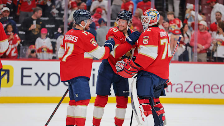 Florida Panthers celebrate the win against the Carolina Hurricanes in Game 3 of the Eastern Conference Final