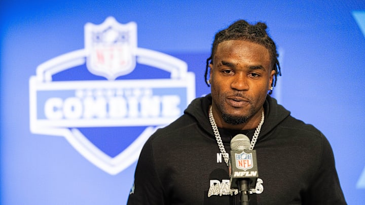 Feb 29, 2024; Indianapolis, IN, USA; Rutgers defensive back Max Melton (DB26) talks to the media