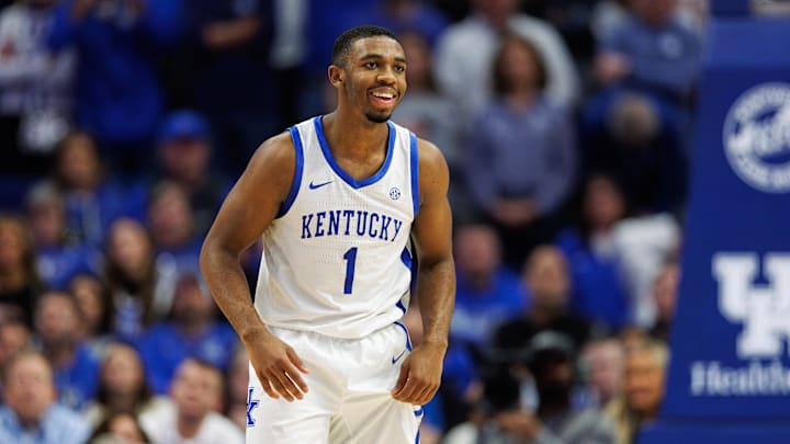 Dec 14, 2024; Lexington, Kentucky, USA; Kentucky Wildcats guard Lamont Butler (1) smiles during the second half against the Louisville Cardinals at Rupp Arena at Central Bank Center. Mandatory Credit: Jordan Prather-Imagn Images Dec 14, 2024; Lexington, Kentucky, USA; Kentucky Wildcats guard Lamont Butler (1) smiles during the second half against the Louisville Cardinals at Rupp Arena at Central Bank Center. Mandatory Credit: Jordan Prather-Imagn Images