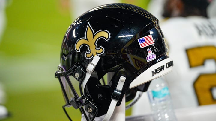 Oct 7, 2024; Kansas City, Missouri, USA; A general view of a New Orleans Saints helmet against the Kansas City Chiefs during the first half at GEHA Field at Arrowhead Stadium. Mandatory Credit: Denny Medley-Imagn Images Oct 7, 2024; Kansas City, Missouri, USA; A general view of a New Orleans Saints helmet against the Kansas City Chiefs during the first half at GEHA Field at Arrowhead Stadium. Mandatory Credit: Denny Medley-Imagn Images
