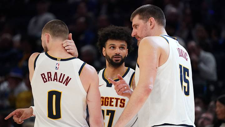 Feb 22, 2026; San Francisco, California, USA; Denver Nuggets guard Jamal Murray (27) talks with guard Christian Braun (0) and center Nikola Jokic (15) in the fourth quarter against the Golden State Warriors at Chase Center. Mandatory Credit: David Gonzales-Imagn Images Feb 22, 2026; San Francisco, California, USA; Denver Nuggets guard Jamal Murray (27) talks with guard Christian Braun (0) and center Nikola Jokic (15) in the fourth quarter against the Golden State Warriors at Chase Center. Mandatory Credit: David Gonzales-Imagn Images