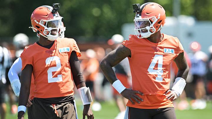 Jul 30, 2026; Berea, OH, USA; Cleveland Browns quarterback Shedeur Sanders (2) and quarterback Deshaun Watson (4) talk during training camp at CrossCountry Mortgage Campus. Mandatory Credit: Ken Blaze-Imagn Images Jul 30, 2026; Berea, OH, USA; Cleveland Browns quarterback Shedeur Sanders (2) and quarterback Deshaun Watson (4) talk during training camp at CrossCountry Mortgage Campus. Mandatory Credit: Ken Blaze-Imagn Images