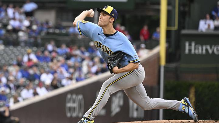 May 19, 2026; Chicago, Illinois, USA;  Milwaukee Brewers pitcher Jacob Misiorowski (32) delivers the ball against the Chicago Cubs during the first inning at Wrigley Field. Mandatory Credit: Matt Marton-Imagn Images