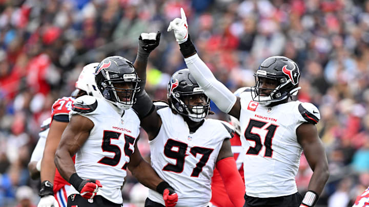 Oct 13, 2024; Foxborough, Massachusetts, USA; Houston Texans defensive end Will Anderson Jr. (51) reacts after a sack against the New England Patriots during the first half at Gillette Stadium. Mandatory Credit: Brian Fluharty-Imagn Images Oct 13, 2024; Foxborough, Massachusetts, USA; Houston Texans defensive end Will Anderson Jr. (51) reacts after a sack against the New England Patriots during the first half at Gillette Stadium. Mandatory Credit: Brian Fluharty-Imagn Images
