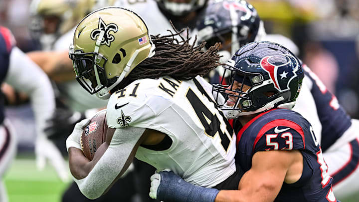 Oct 15, 2023; Houston, Texas, USA; New Orleans Saints running back Alvin Kamara (41) is tackled by