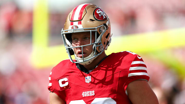 Nov 10, 2024; Tampa, Florida, USA; San Francisco 49ers running back Christian McCaffrey (23) warms up before a game against the Tampa Bay Buccaneers at Raymond James Stadium. Mandatory Credit: Nathan Ray Seebeck-Imagn Images Nov 10, 2024; Tampa, Florida, USA; San Francisco 49ers running back Christian McCaffrey (23) warms up before a game against the Tampa Bay Buccaneers at Raymond James Stadium. Mandatory Credit: Nathan Ray Seebeck-Imagn Images