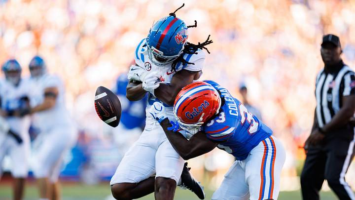 Sep 26, 2026; Gainesville, Florida, USA; Florida Gators safety DJ Coleman (33) breaks up a pass to Mississippi Rebels wide receiver Samari Reed (81) during the first half at Ben Hill Griffin Stadium. Mandatory Credit: Matt Pendleton-Imagn Images Sep 26, 2026; Gainesville, Florida, USA; Florida Gators safety DJ Coleman (33) breaks up a pass to Mississippi Rebels wide receiver Samari Reed (81) during the first half at Ben Hill Griffin Stadium. Mandatory Credit: Matt Pendleton-Imagn Images