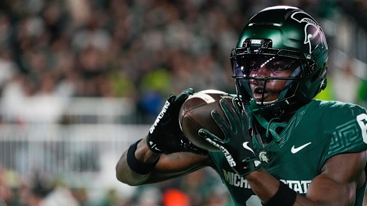 Oct 25, 2025; East Lansing, Michigan, USA; Michigan State Spartans wide receiver Nick Marsh (6)warms up prior to a game against the Michigan Wolverines at Spartan Stadium. Mandatory Credit: Brendan Mullin-Imagn Images