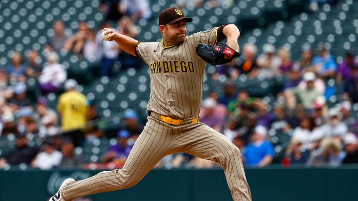 Sep 17, 2026; Denver, Colorado, USA; San Diego Padres starting pitcher Michael King (34) pitches in the first inning against the Colorado Rockies at Coors Field. Mandatory Credit: Isaiah J. Downing-Imagn Images