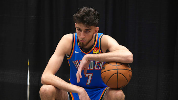 Chet Holmgren (7) poses for a photo at Thunder Media Day, held in the Oklahoma City Convention Center on Monday, Oct. 2, 2023. Chet Holmgren (7) poses for a photo at Thunder Media Day, held in the Oklahoma City Convention Center on Monday, Oct. 2, 2023.