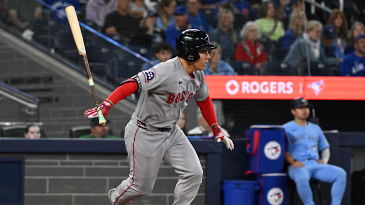 Sep 24, 2025; Toronto, Ontario, CAN; Boston Red Sox designated hitter Masataka Yoshida (7) loses his bat as he grounds out against the Toronto Blue Jays in the seventh inning at Rogers Centre. Mandatory Credit: Dan Hamilton-Imagn Images Sep 24, 2025; Toronto, Ontario, CAN; Boston Red Sox designated hitter Masataka Yoshida (7) loses his bat as he grounds out against the Toronto Blue Jays in the seventh inning at Rogers Centre. Mandatory Credit: Dan Hamilton-Imagn Images