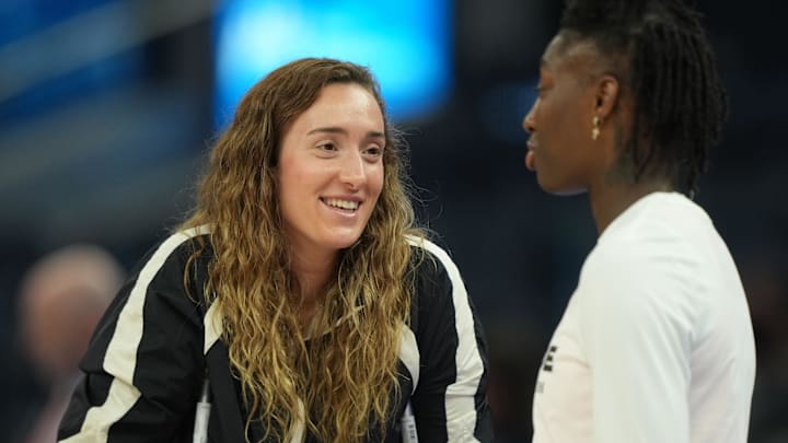 Jun 22, 2025; San Francisco, California, USA; Connecticut Sun guard Marina Mabrey (left) talks with guard Saniya Rivers (right) before the game against the Golden State Valkyries at Chase Center. Mandatory Credit: Darren Yamashita-Imagn Images