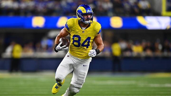 Sep 21, 2026; Inglewood, California, USA; Los Angeles Rams tight end Colby Parkinson (84) runs against the New York Giants during the fourth quarter at SoFi Stadium. Mandatory Credit: William Liang-Imagn Images Sep 21, 2026; Inglewood, California, USA; Los Angeles Rams tight end Colby Parkinson (84) runs against the New York Giants during the fourth quarter at SoFi Stadium. Mandatory Credit: William Liang-Imagn Images