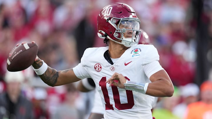 Jan 1, 2026; Pasadena, CA, USA; Alabama Crimson Tide quarterback Austin Mack (10) throws a pass against the Indiana Hoosiers in the second half of the 2026 Rose Bowl and quarterfinal game of the College Football Playoff at Rose Bowl Stadium. Mandatory Credit: Kirby Lee-Imagn Images Jan 1, 2026; Pasadena, CA, USA; Alabama Crimson Tide quarterback Austin Mack (10) throws a pass against the Indiana Hoosiers in the second half of the 2026 Rose Bowl and quarterfinal game of the College Football Playoff at Rose Bowl Stadium. Mandatory Credit: Kirby Lee-Imagn Images