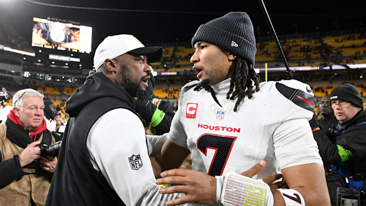 Jan 12, 2026; Pittsburgh, PA, USA; Pittsburgh Steelers head coach Mike Tomlin greets Houston Texans quarterback C.J. Stroud (7) following their AFC Wild Card Round game at Acrisure Stadium. Mandatory Credit: Barry Reeger-Imagn Images