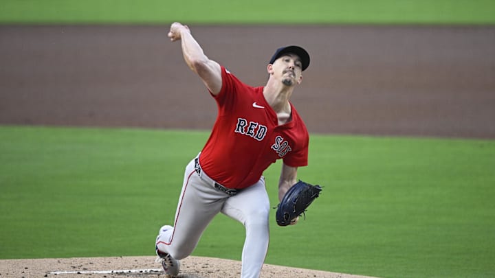 Aug 8, 2025; San Diego, California, USA; Boston Red Sox starting pitcher Walker Buehler (0) delivers during the first inning against the San Diego Padres at Petco Park. Mandatory Credit: Denis Poroy-Imagn Images