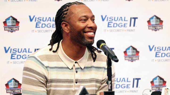 Aug 6, 2026; Canton, Ohio, USA; 2026 Professional Football Hall of Fame enshrinee former Arizona Cardinals receiver Larry Fitzgerald speaks at a press conference before the Carolina Panthers and Arizona Cardinals play at Tom Benson Hall of Fame Stadium. Mandatory Credit: Charles LeClaire-Imagn Images Aug 6, 2026; Canton, Ohio, USA; 2026 Professional Football Hall of Fame enshrinee former Arizona Cardinals receiver Larry Fitzgerald speaks at a press conference before the Carolina Panthers and Arizona Cardinals play at Tom Benson Hall of Fame Stadium. Mandatory Credit: Charles LeClaire-Imagn Images