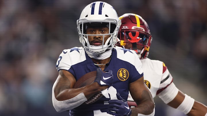 Nov 23, 2023; Arlington, Texas, USA; Dallas Cowboys wide receiver Brandin Cooks (3) scores a touchdown in the second quarter against the Washington Commanders at AT&T Stadium. Mandatory Credit: Tim Heitman-Imagn Images