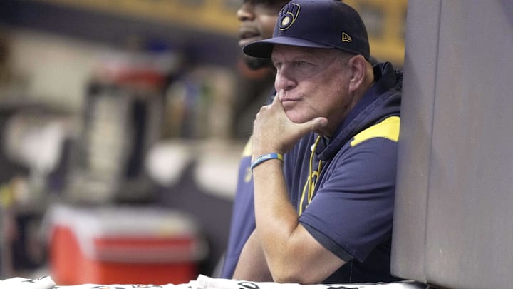 Sep 3, 2025; Milwaukee, Wisconsin, USA; Milwaukee Brewers manager Pat Murphy is shown during the first inning of their game against the Philadelphia Phillies at American Family Field. Mandatory Credit: Mark Hoffman-USA TODAY Network via Imagn Images Sep 3, 2025; Milwaukee, Wisconsin, USA; Milwaukee Brewers manager Pat Murphy is shown during the first inning of their game against the Philadelphia Phillies at American Family Field. Mandatory Credit: Mark Hoffman-USA TODAY Network via Imagn Images