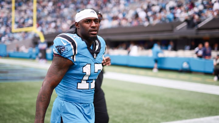 Oct 12, 2025; Charlotte, North Carolina, USA; Carolina Panthers wide receiver Xavier Legette (17) walks off the field during halftime against the Dallas Cowboys at Bank of America Stadium. Mandatory Credit: Scott Kinser-Imagn Images Oct 12, 2025; Charlotte, North Carolina, USA; Carolina Panthers wide receiver Xavier Legette (17) walks off the field during halftime against the Dallas Cowboys at Bank of America Stadium. Mandatory Credit: Scott Kinser-Imagn Images