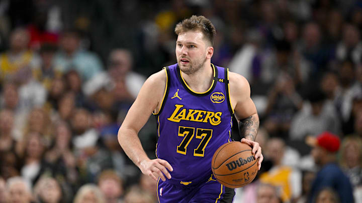 Apr 9, 2025; Dallas, Texas, USA; Los Angeles Lakers guard Luka Doncic (77) in action during the game between the Dallas Mavericks and the Los Angeles Lakers at American Airlines Center. Mandatory Credit: Jerome Miron-Imagn Images