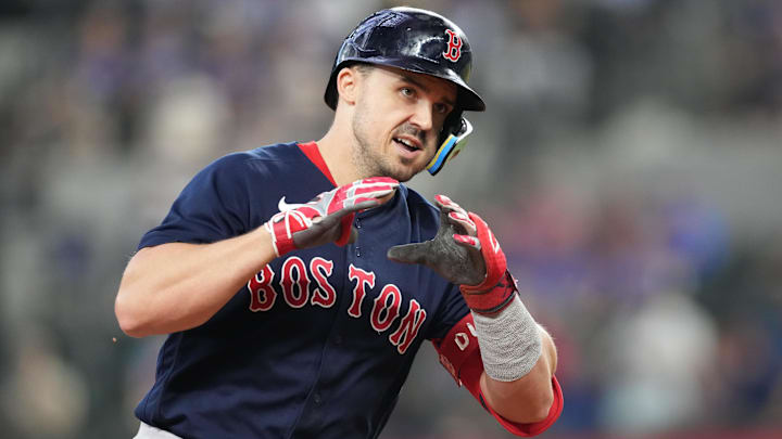Sep 20, 2023; Arlington, Texas, USA; Boston Red Sox center fielder Adam Duvall (18) gestures as he