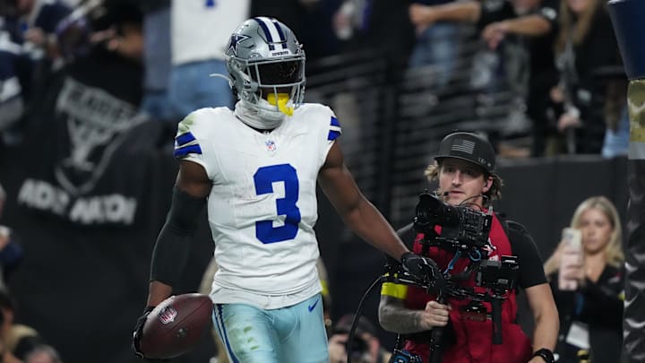 Dallas Cowboys wide receiver George Pickens reacts after scoring a touchdown against the Las Vegas Raiders during the first half at Allegiant Stadium.