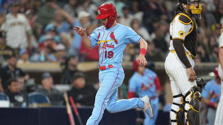Sep 23, 2023; San Diego, California, USA; St. Louis Cardinals second baseman Tommy Edman (19) scores on a sacrifice fly by left fielder Richie Palacios (not pictured) against the San Diego Padres during the eleventh inning at Petco Park. Mandatory Credit: Ray Acevedo-USA TODAY Sports Sep 23, 2023; San Diego, California, USA; St. Louis Cardinals second baseman Tommy Edman (19) scores on a sacrifice fly by left fielder Richie Palacios (not pictured) against the San Diego Padres during the eleventh inning at Petco Park. Mandatory Credit: Ray Acevedo-USA TODAY Sports