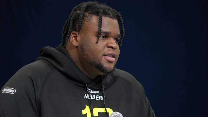 Michigan defensive lineman Kenneth Grant during the 2025 NFL Scouting Combine at the Indiana Convention Center.