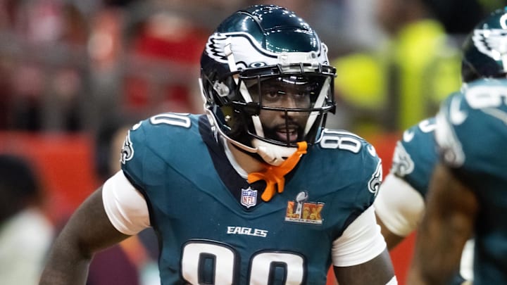 Feb 9, 2025; New Orleans, LA, USA; Philadelphia Eagles  wide receiver Parris Campbell (80) against the Kansas City Chiefs during Super Bowl LIX at Ceasars Superdome. Mandatory Credit: Mark J. Rebilas-Imagn Images