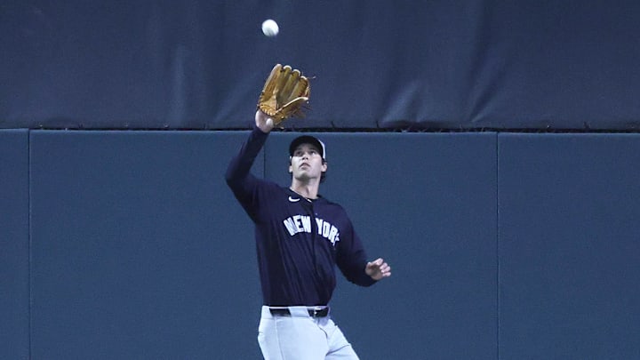 Mar 20, 2025; Sarasota, Florida, USA; New York Yankees outfielder Spencer Jones (78) catches a fly ball during the fifth inning against the Baltimore Orioles at Ed Smith Stadium. Mandatory Credit: Kim Klement Neitzel-Imagn Images