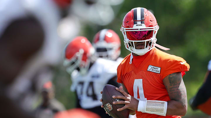 Browns quarterback Deshaun Watson looks to throw a pass during minicamp, Tuesday, June 11, 2024, in Berea.