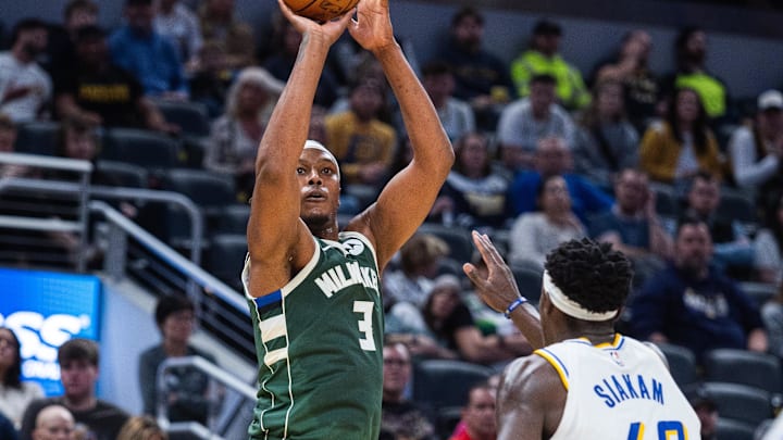 Dec 23, 2025; Indianapolis, Indiana, USA;  Milwaukee Bucks center/forward Myles Turner (3) shoots the ball while  Indiana Pacers forward Pascal Siakam (43) defends in the second half at Gainbridge Fieldhouse. Mandatory Credit: Trevor Ruszkowski-Imagn Images